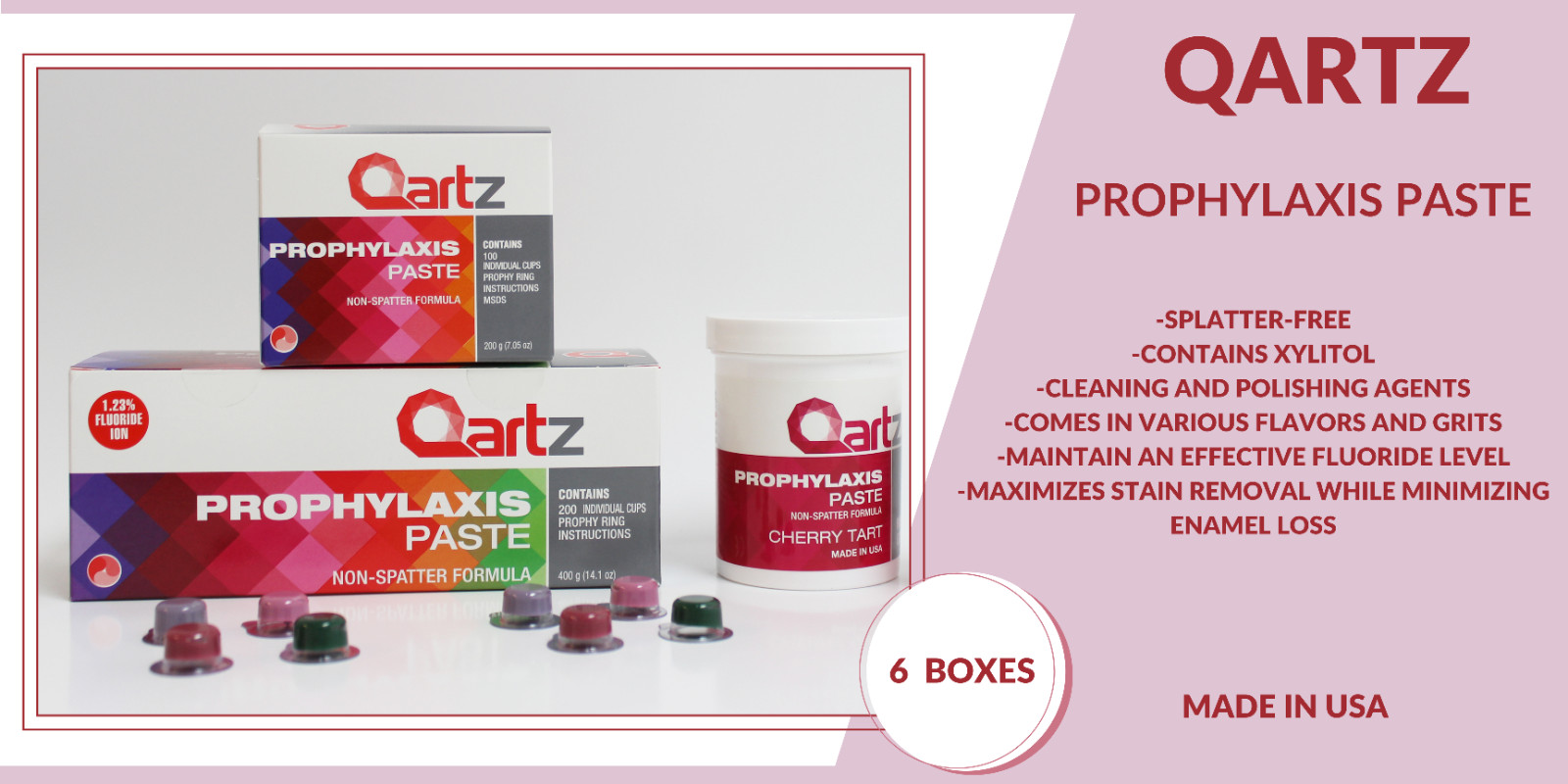 QARTZ PROPHY PASTE CUPS BUBBLE GUM COARSE 200/BOX DENTAL W/FLOURIDE – 6 BOXES