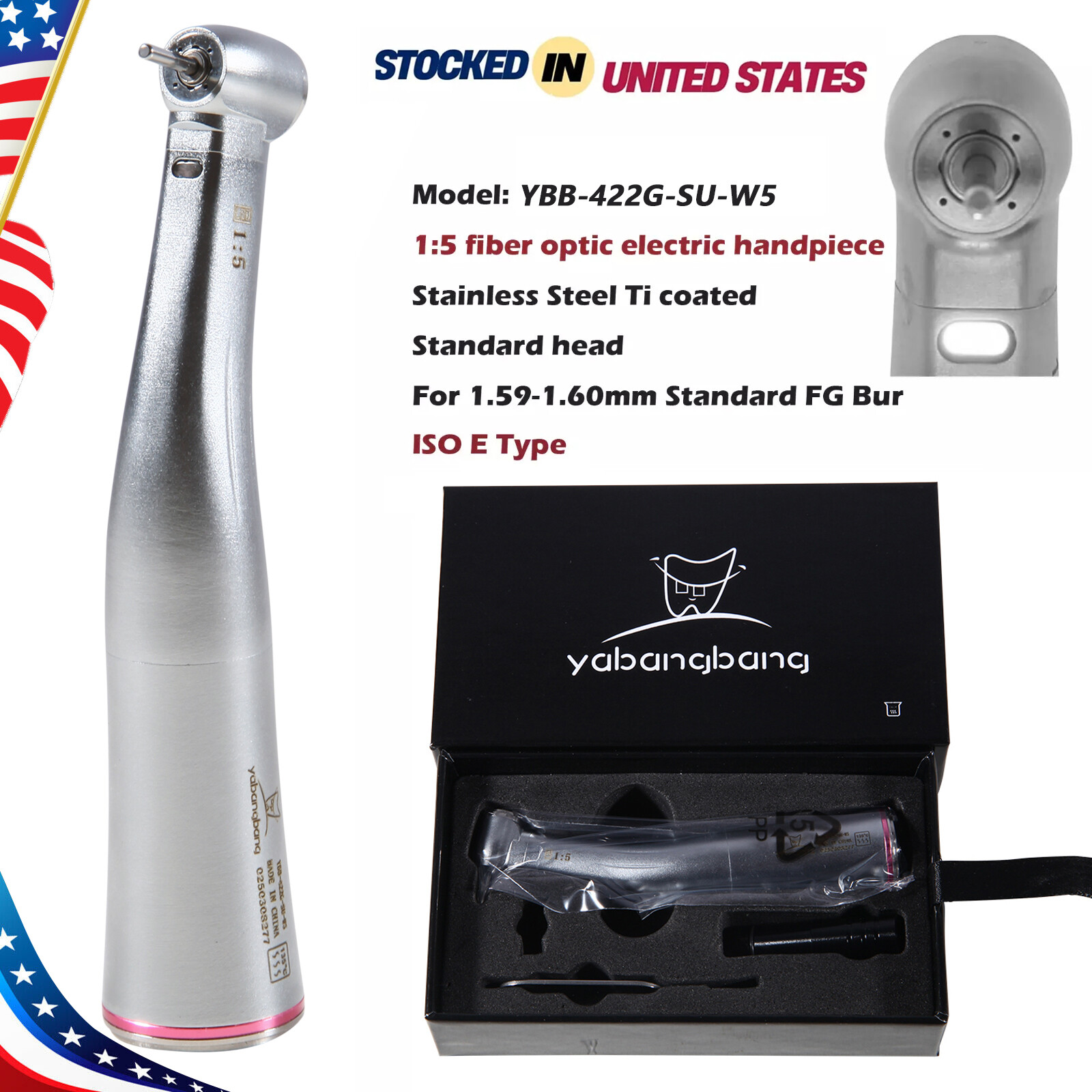 Yabang Dental Electric Handpiece 1:5 Contra Angle Fiber Optic Fit FG 1.60mm