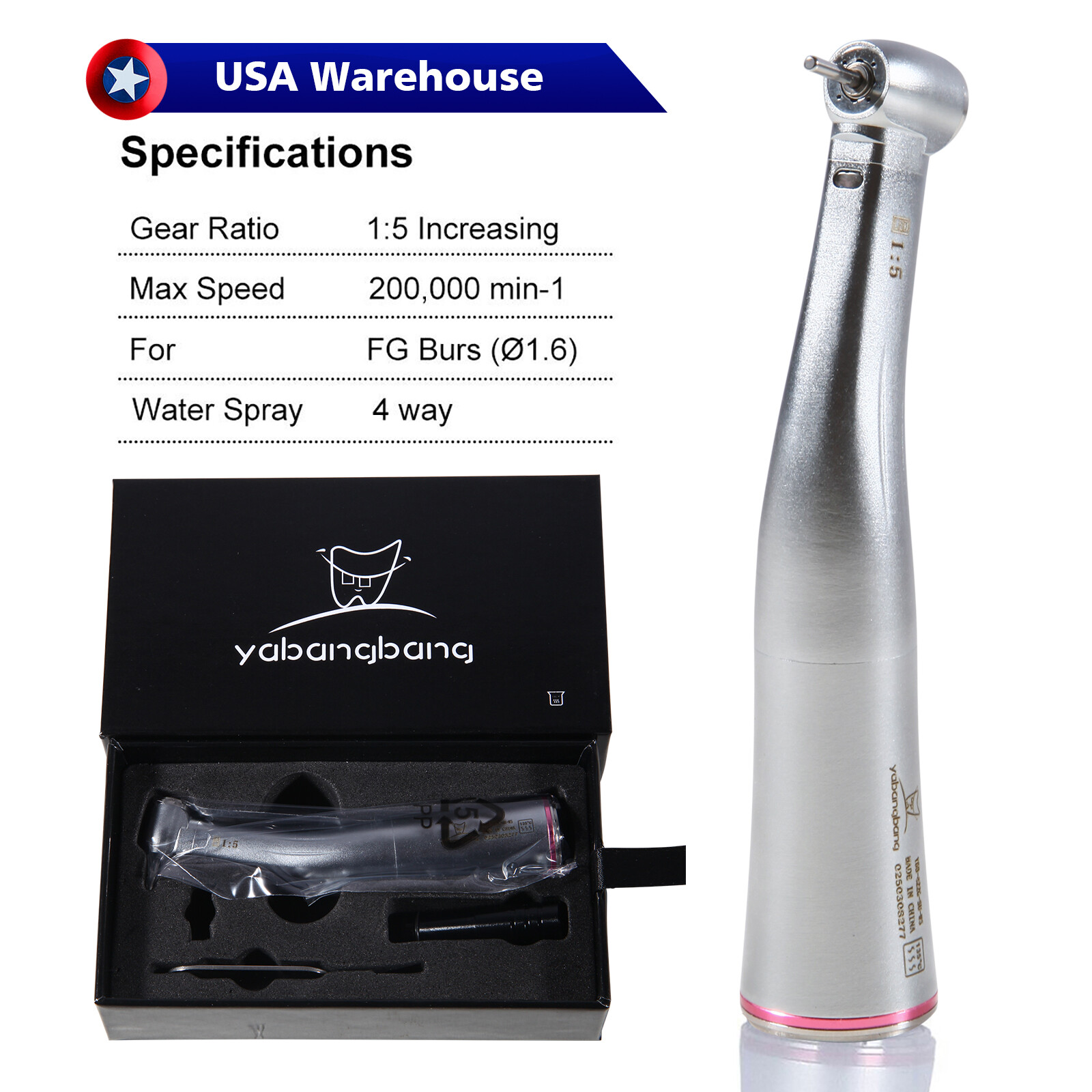 Yabang Dental Electric Handpiece 1:5 Contra Angle Fiber Optic Fit FG 1.60mm