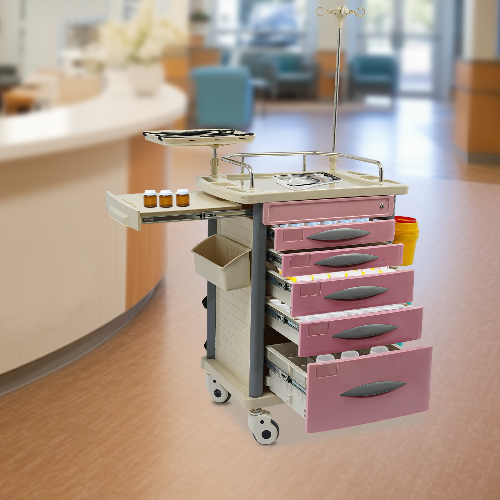 Mobile Medical Cart for Clinic, Hospital, Nursing Center 125V Pink+ Off-white