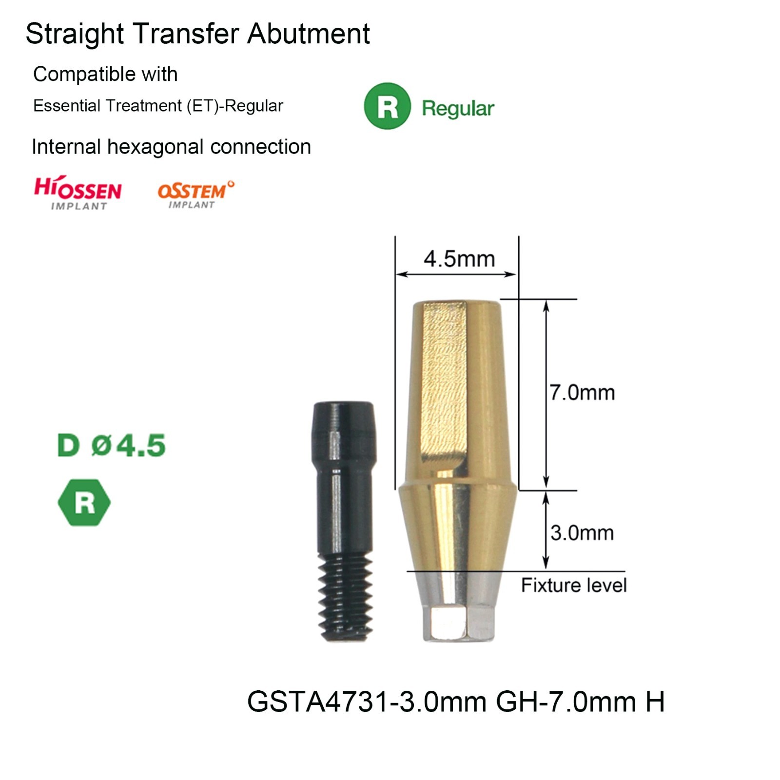 Dental 10Pcs Ti Straight Abutment Hiossen regular conical replica screw 2.0mm GH