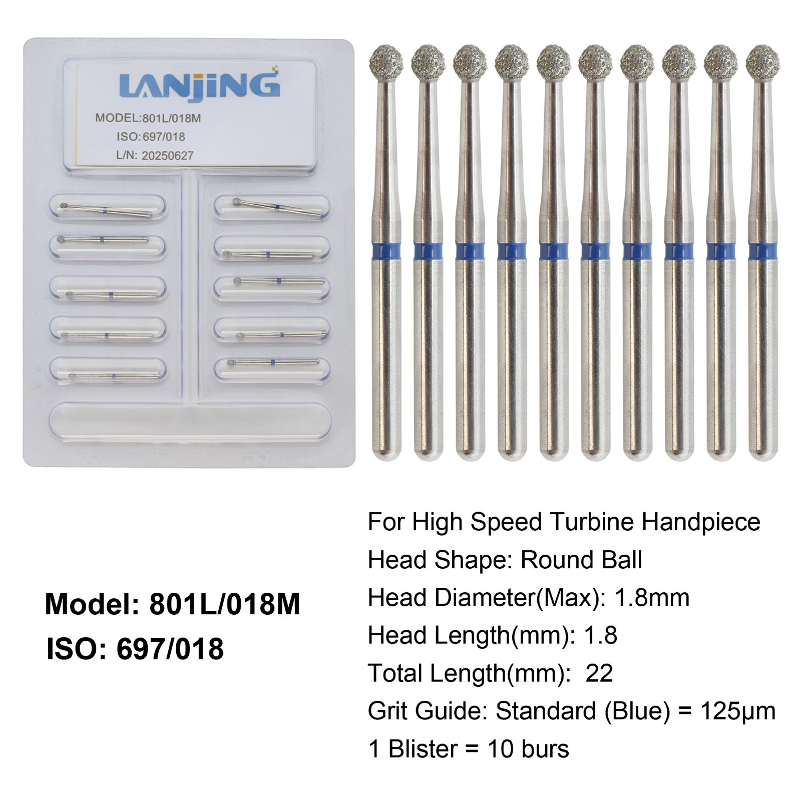 Dental Diamond Burs Round Ball Surgical Bur FG Coarse Fine Long High Speed 801