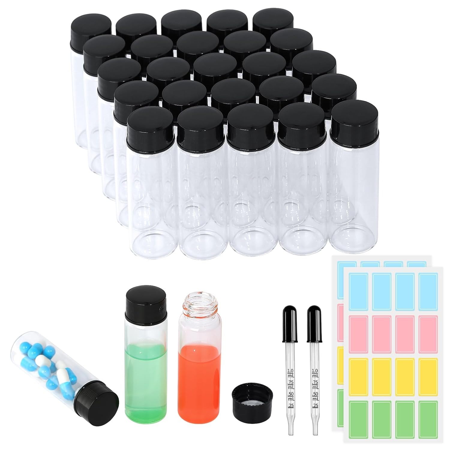 25 Pieces 15ml Clear Glass Vials with Leak Proof Screw Caps Labels Droppers NEW