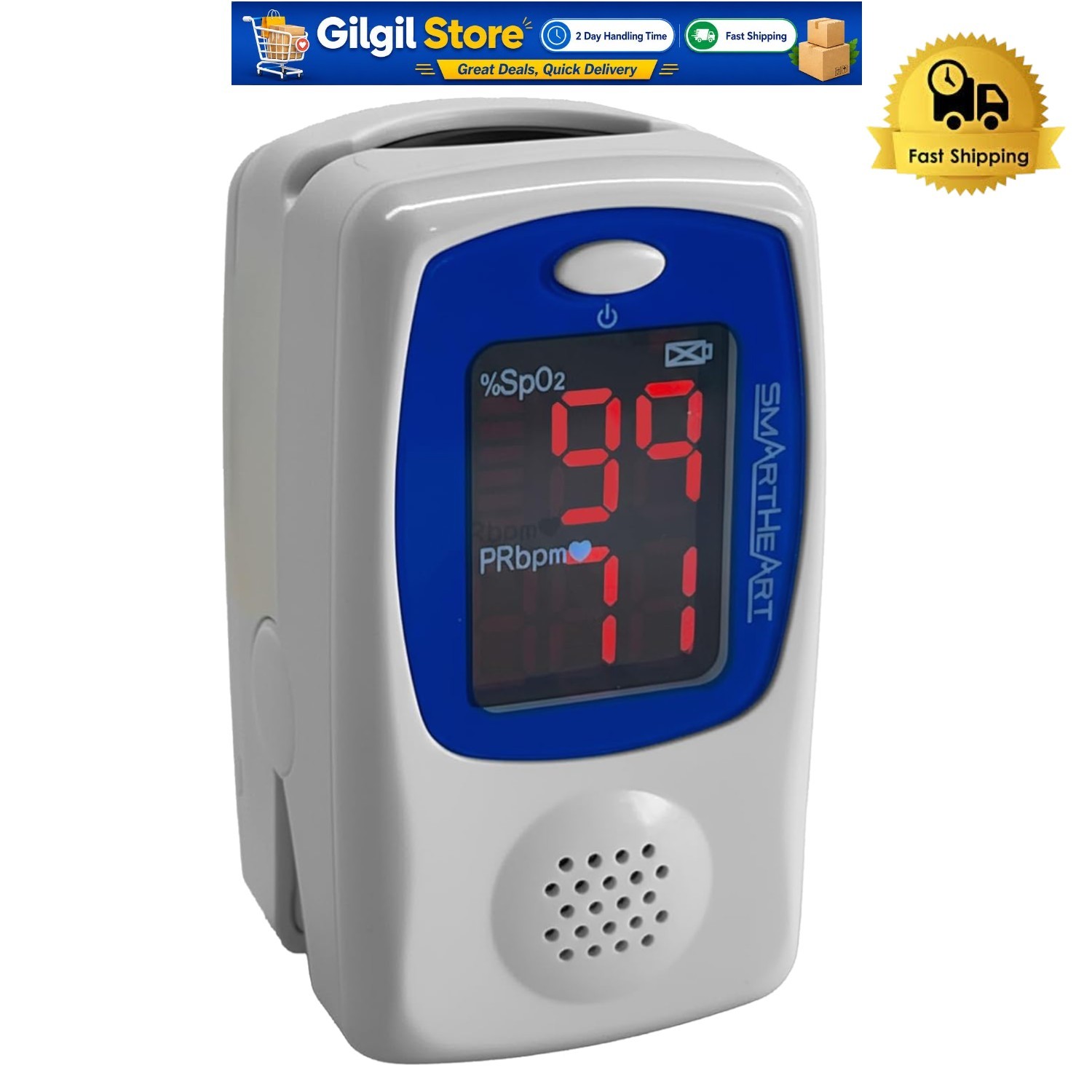 Portable Blue Fingertip Pulse Oximeter with Audible Alerts and Comfortable Fit