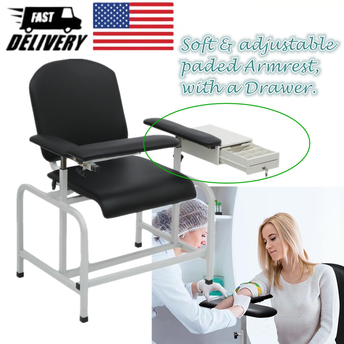 30″ Phlebotomy Chair Blood Drawing Chair Soft Adjustable Flip Armrests + Drawer