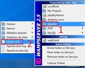 Abrindo o httpd.conf no WAMP Server para alteração da porta de acesso.